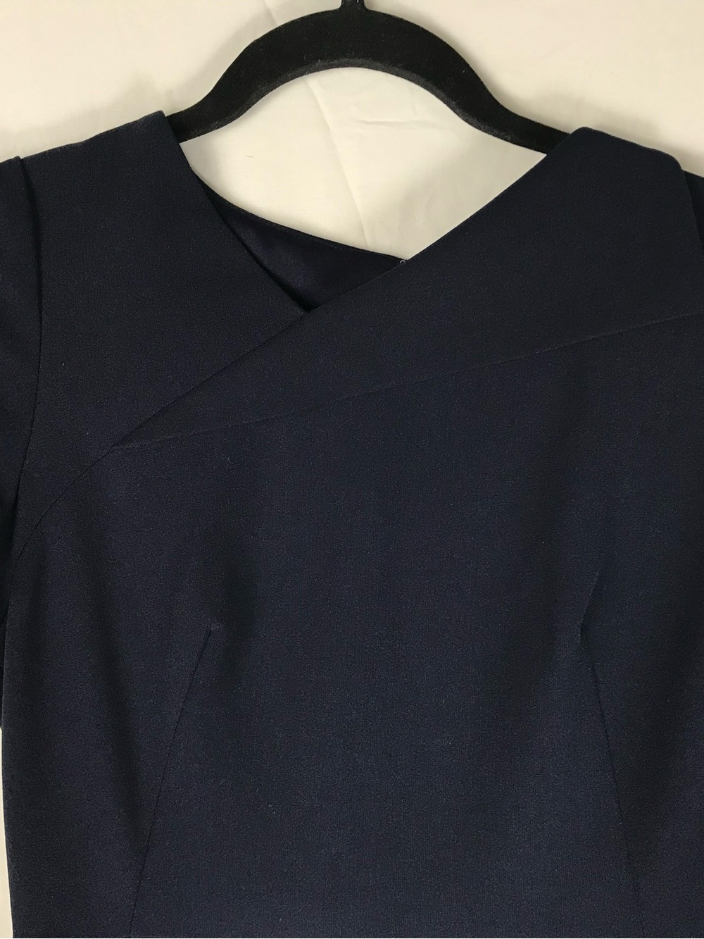 Tahari Navy Asymmetrical Neck Short-Sleeve Midi Dress - Picture 2 of 8